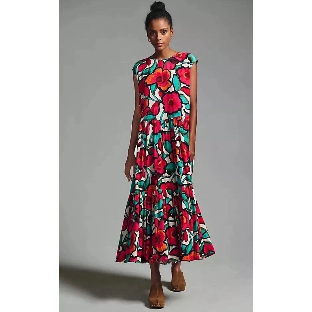 Corey Lynn Calter Anthropologie Floral Tiered Maxi Dress Pink Teal Orange Size M
